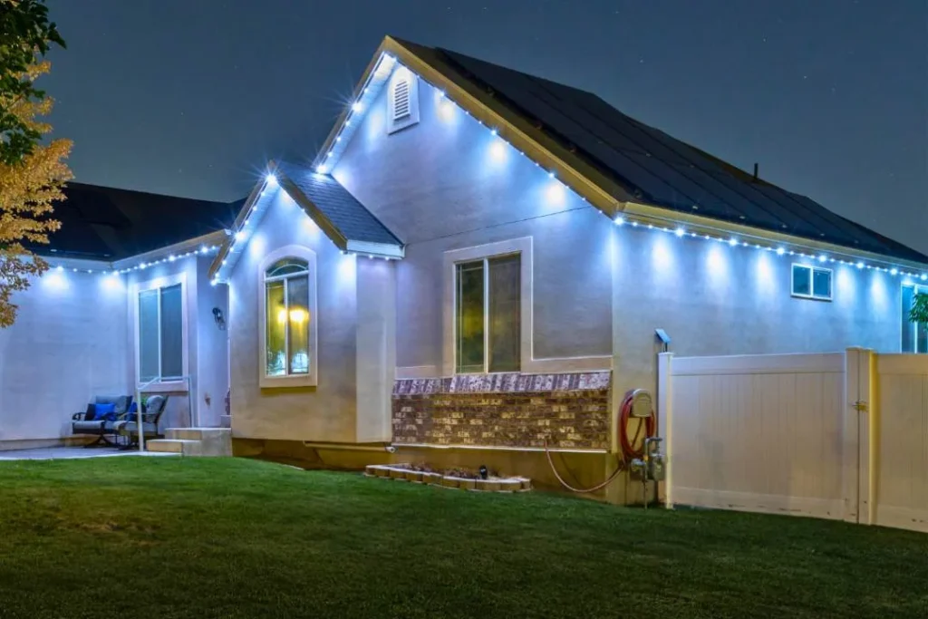 Home at dusk with bright white accent lights along every roofline