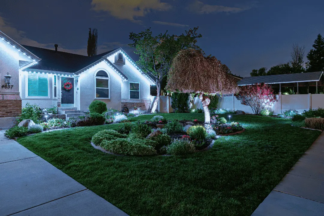 Front yard at dusk with cool white landscape spotlights and pathway lights